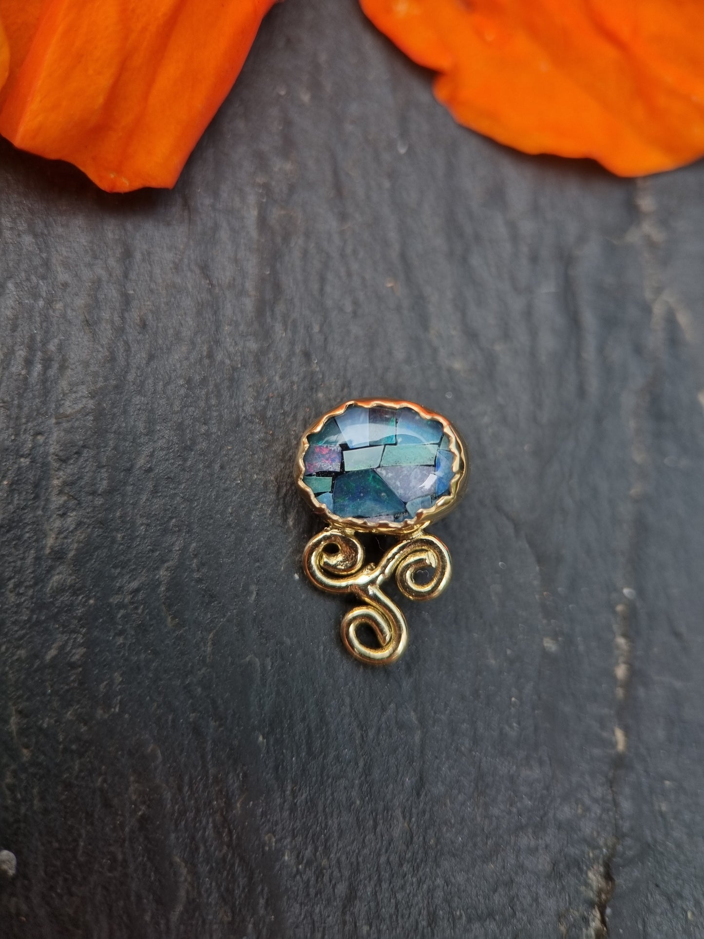 The Denim Triskelion (Horizontal)- Mosaic Opal in 18ct solid gold 14g threaded end.