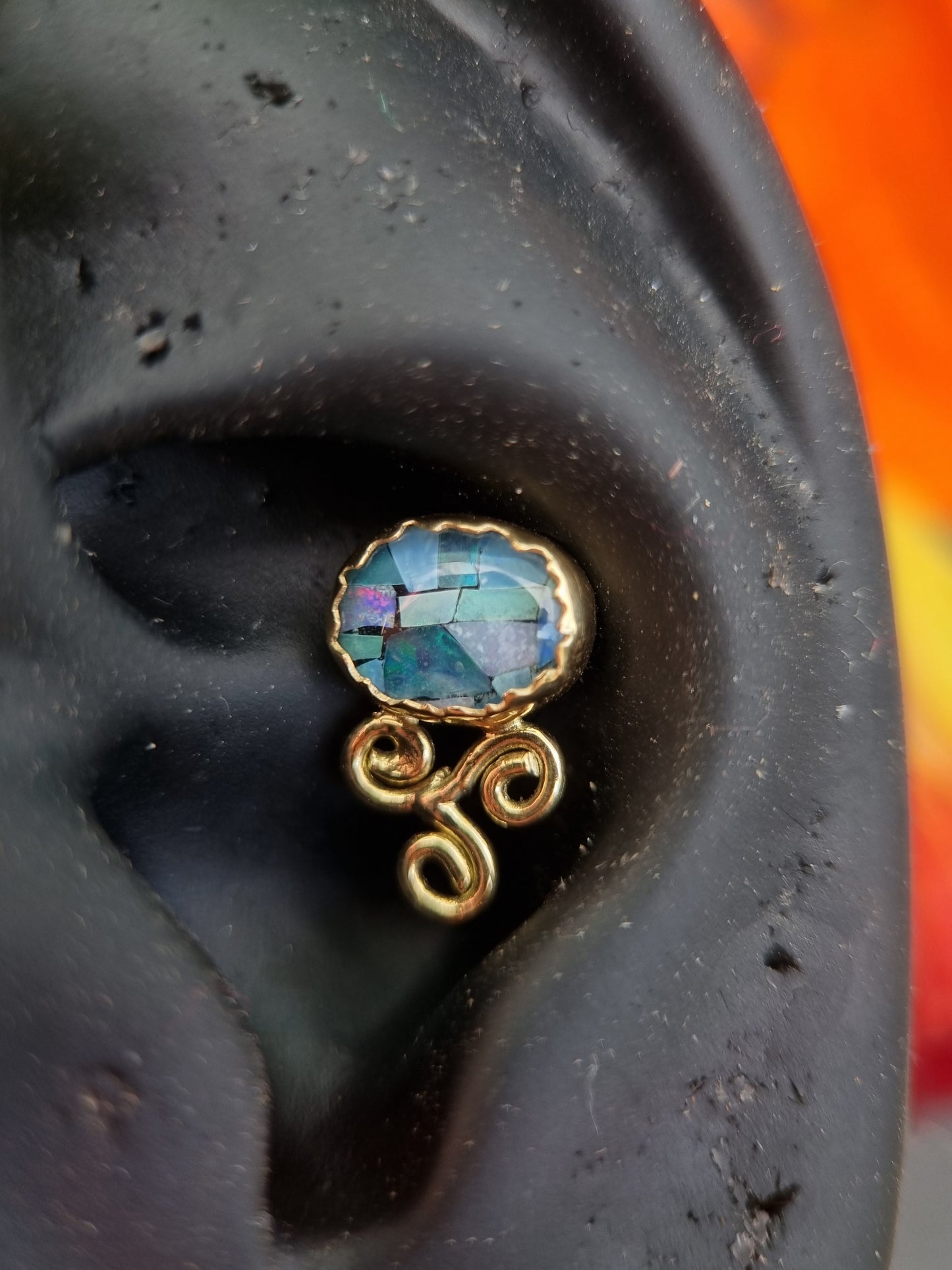 The Denim Triskelion (Horizontal)- Mosaic Opal in 18ct solid gold 14g threaded end.