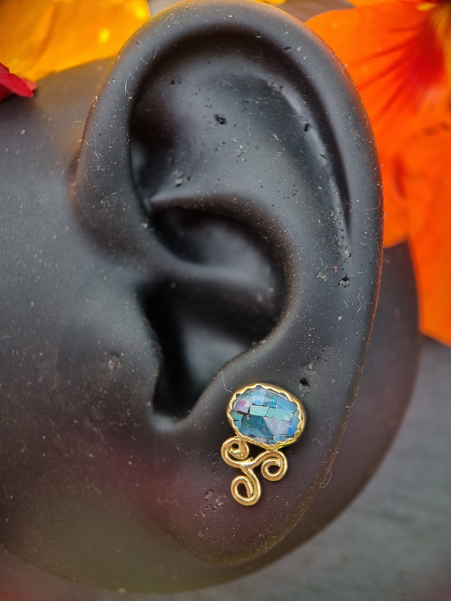 The Denim Triskelion (Horizontal)- Mosaic Opal in 18ct solid gold 14g threaded end.