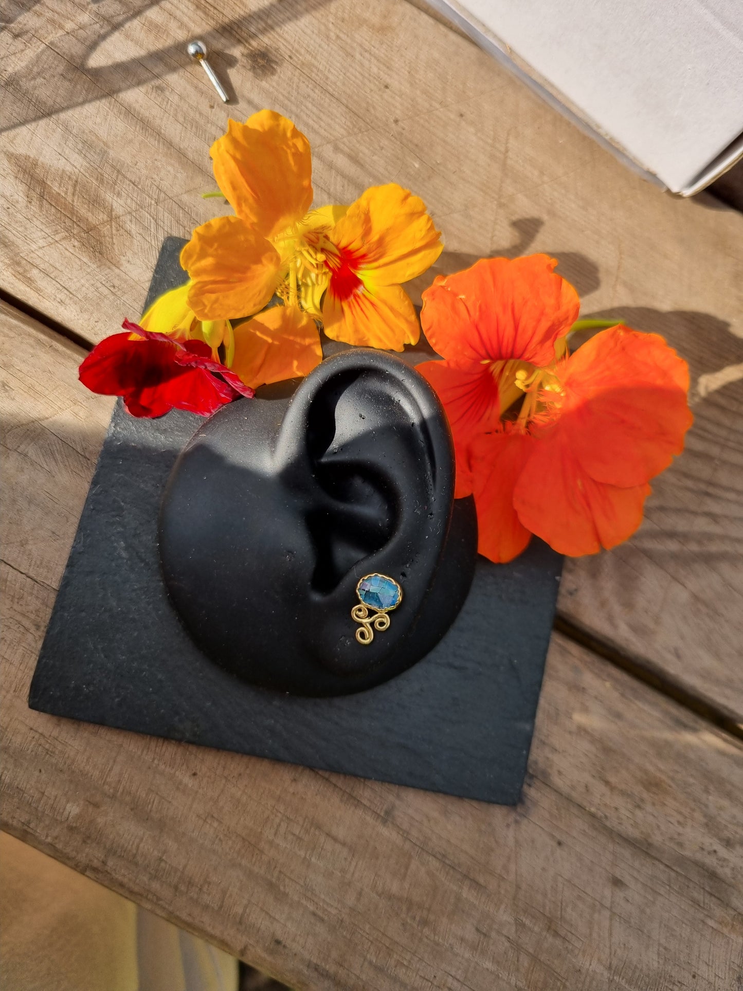 The Denim Triskelion (Horizontal)- Mosaic Opal in 18ct solid gold 14g threaded end.
