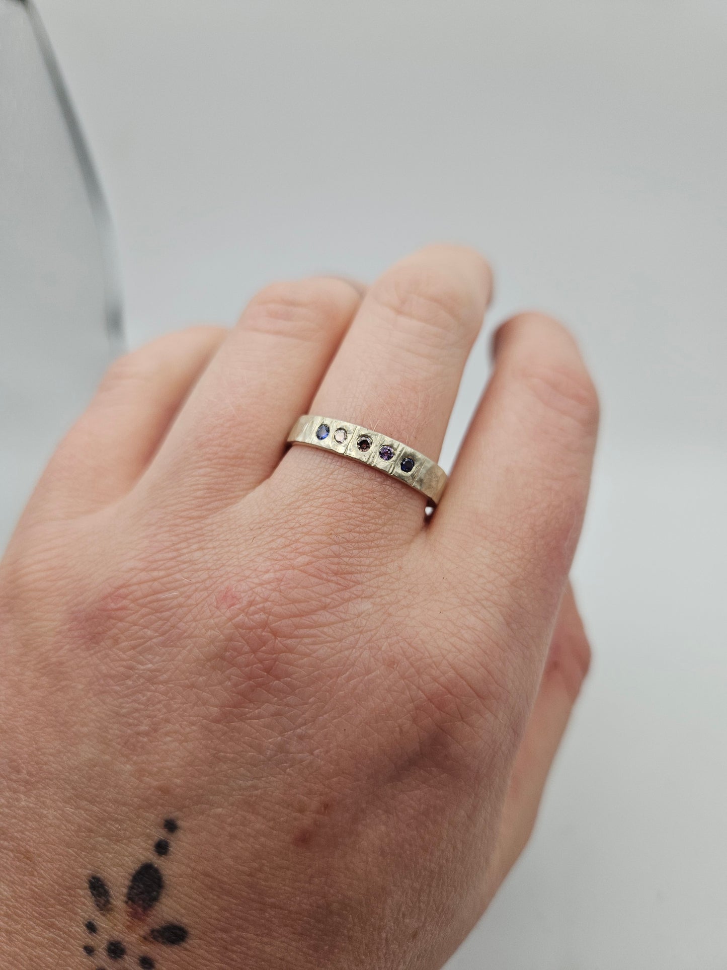 Hammered silver band with flush set CZ- Size S