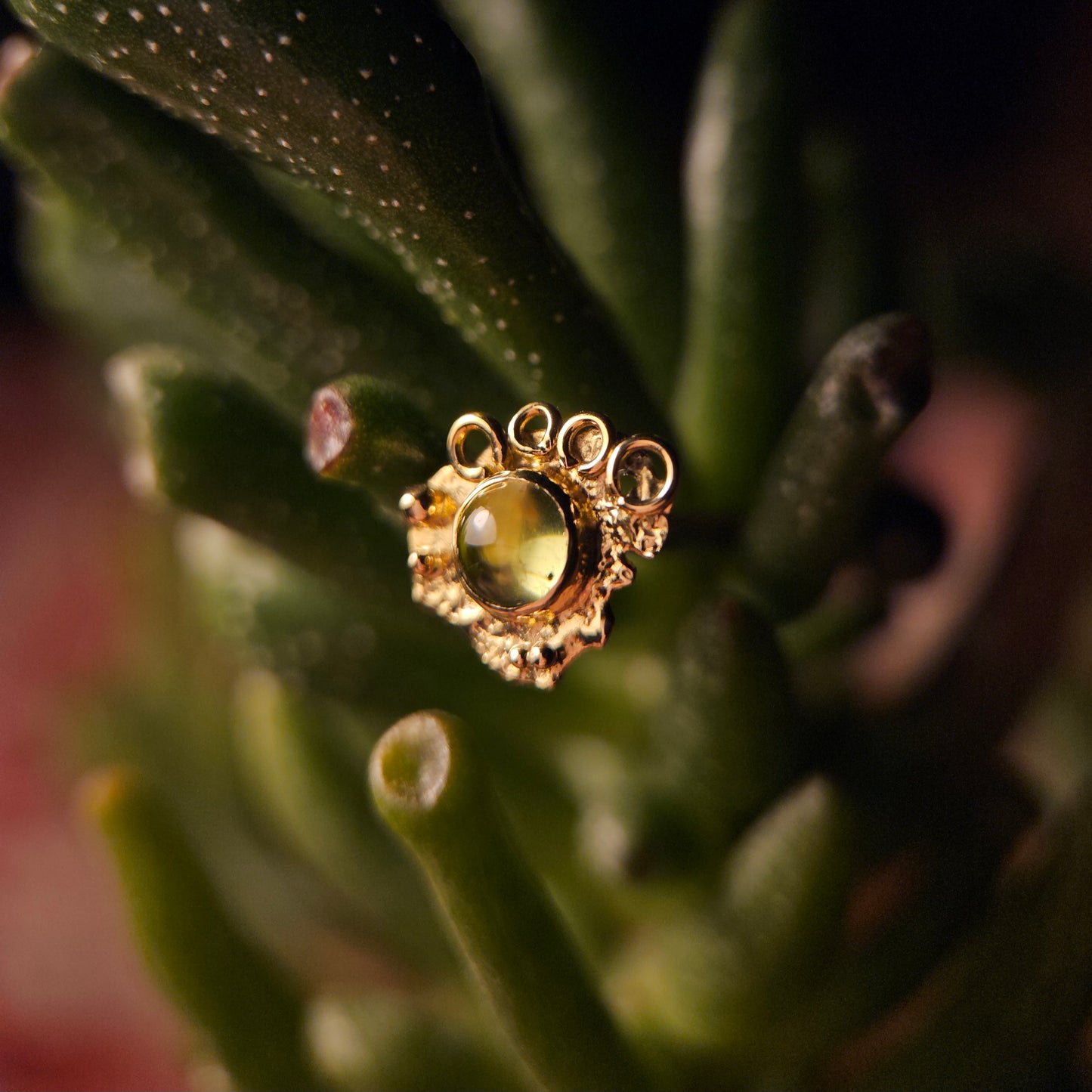 Abstract Art - peridot set in 14ct solid gold with 18ct decals- 14g threaded end.