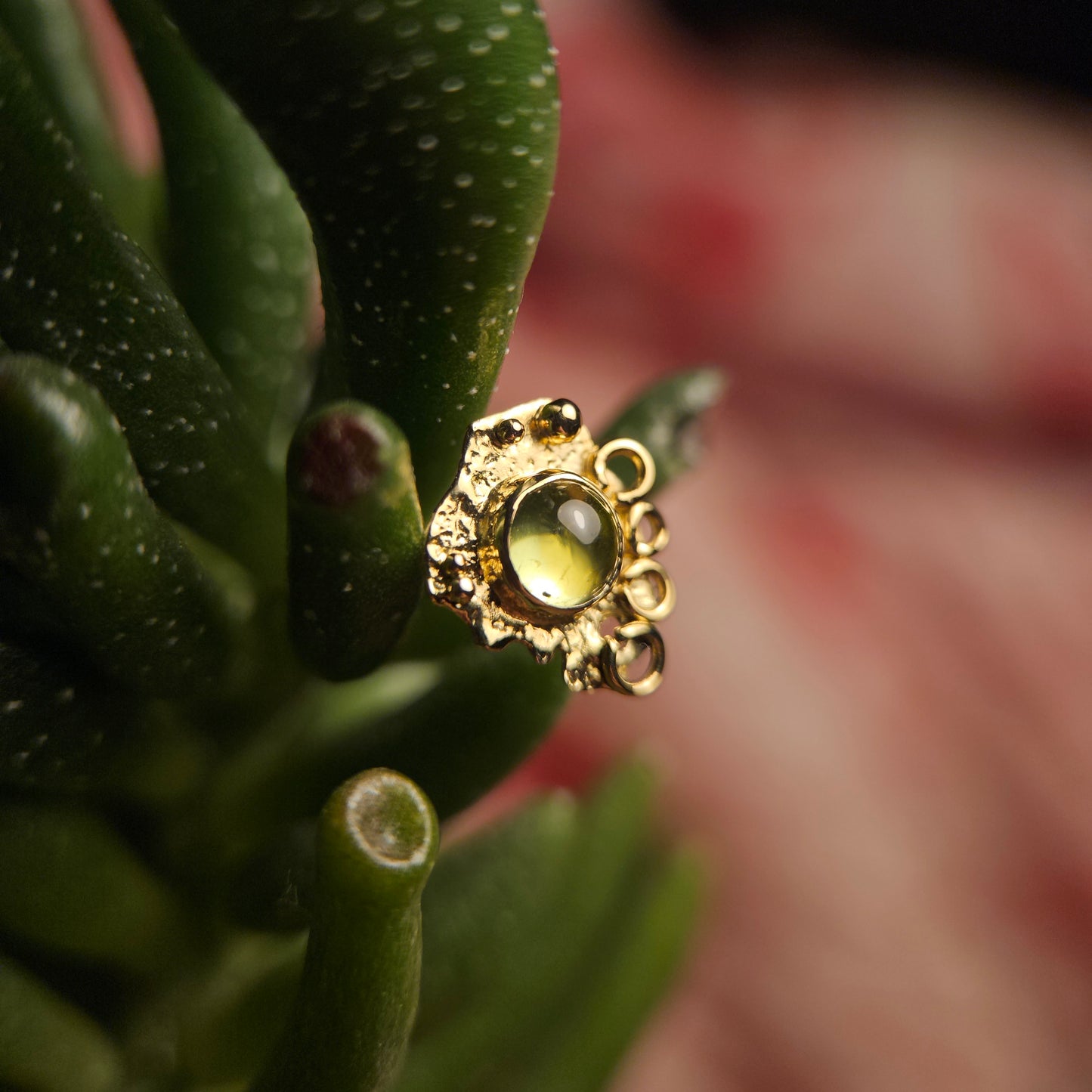 Abstract Art - peridot set in 14ct solid gold with 18ct decals- 14g threaded end.