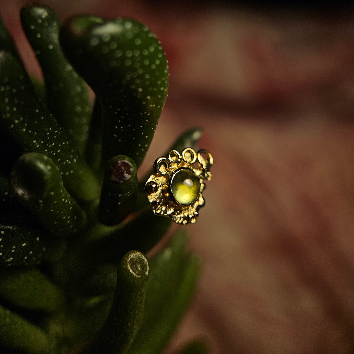 Abstract Art - peridot set in 14ct solid gold with 18ct decals- 14g threaded end.