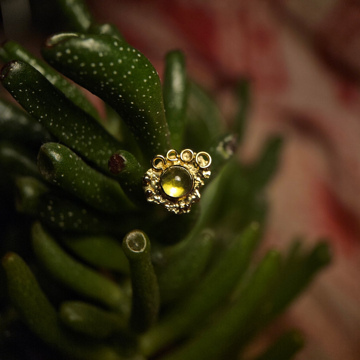 Abstract Art - peridot set in 14ct solid gold with 18ct decals- 14g threaded end.