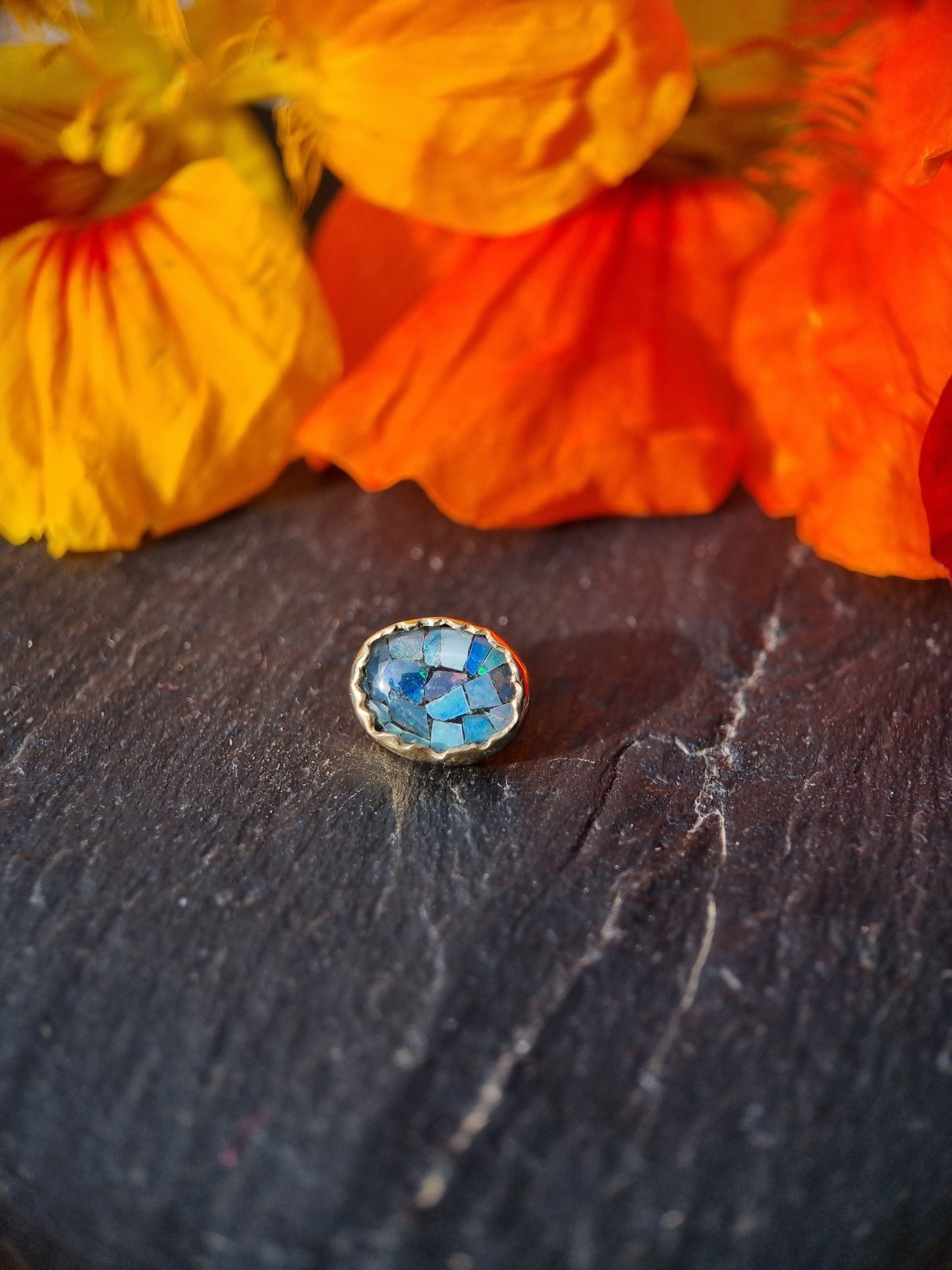 The Denim One - Mosaic opal in 18ct solid gold 14g threaded end.