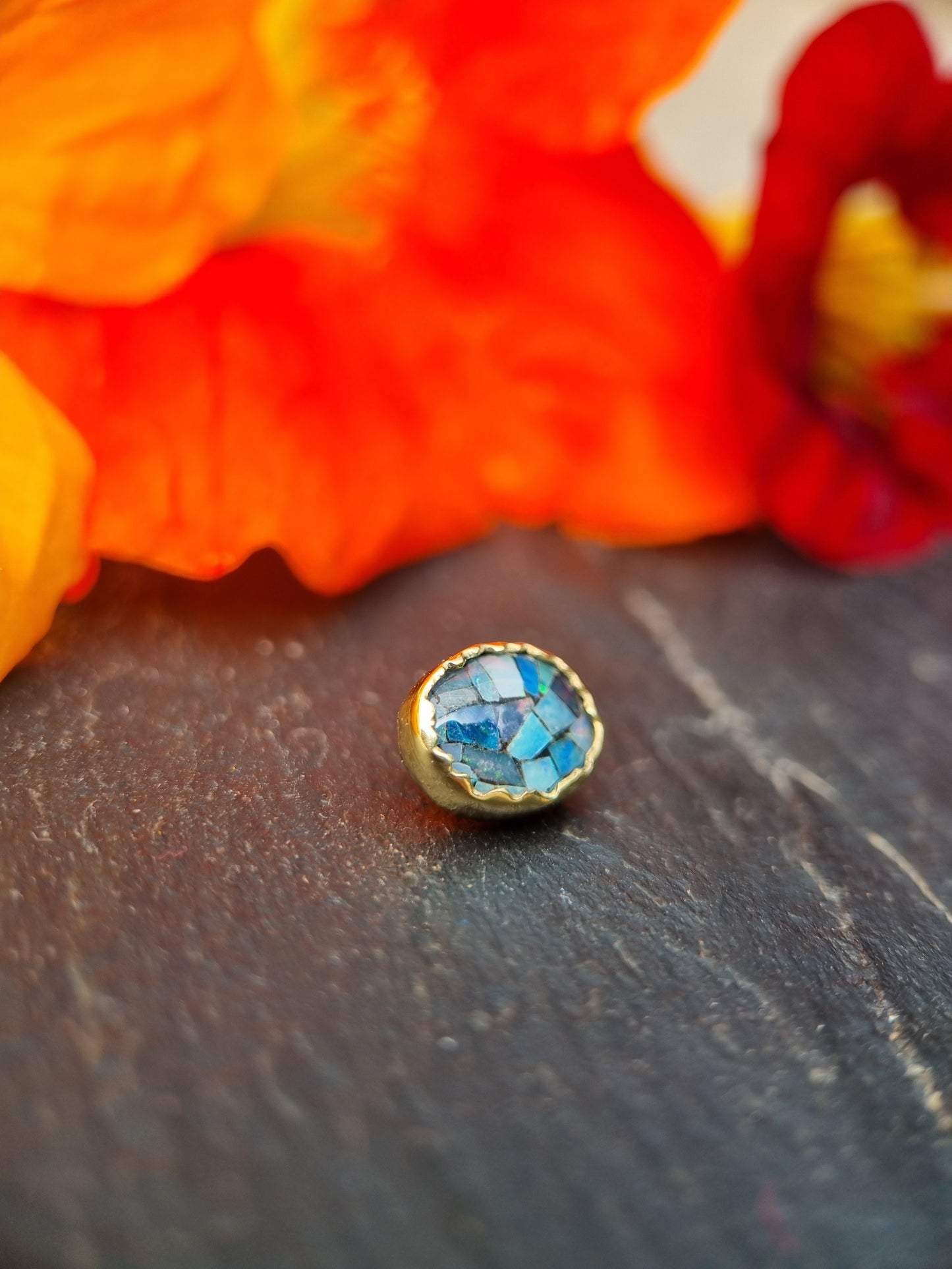 The Denim One - Mosaic opal in 18ct solid gold 14g threaded end.