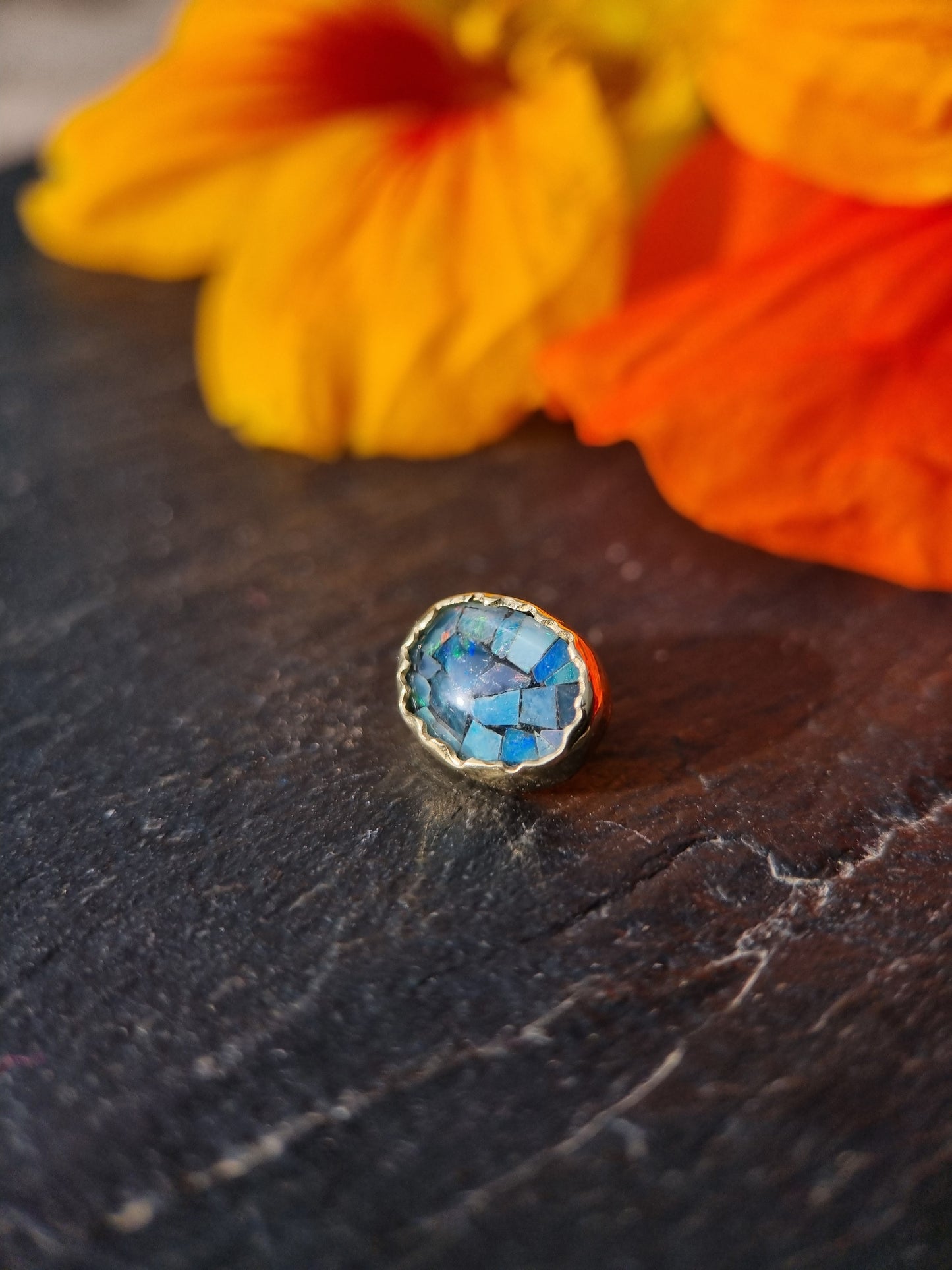 The Denim One - Mosaic opal in 18ct solid gold 14g threaded end.