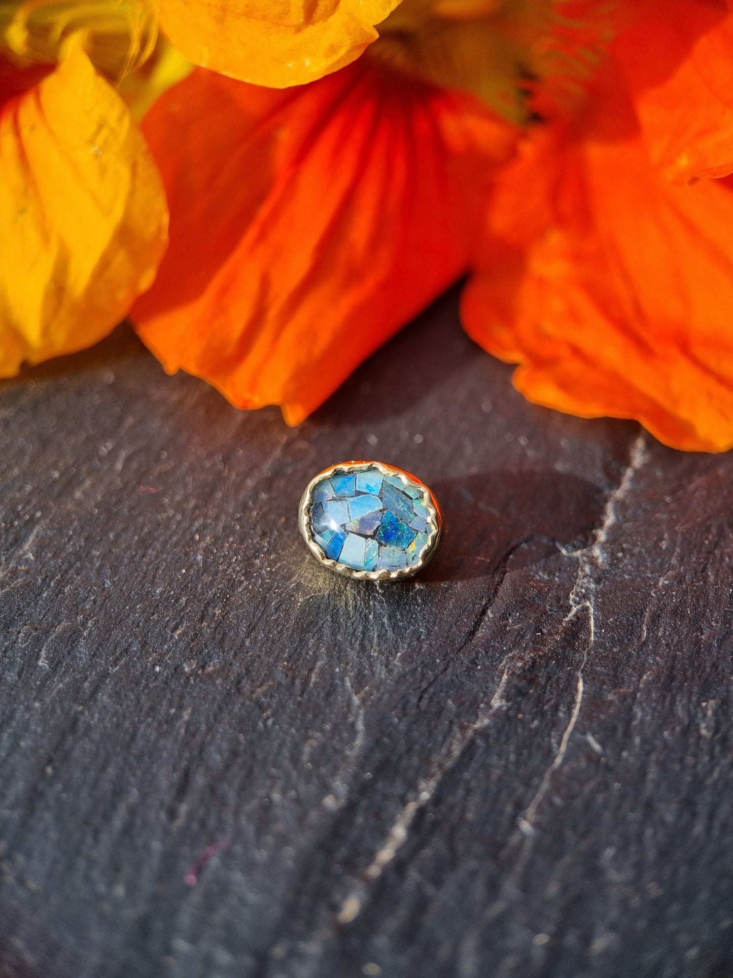 The Denim One - Mosaic opal in 18ct solid gold 14g threaded end.