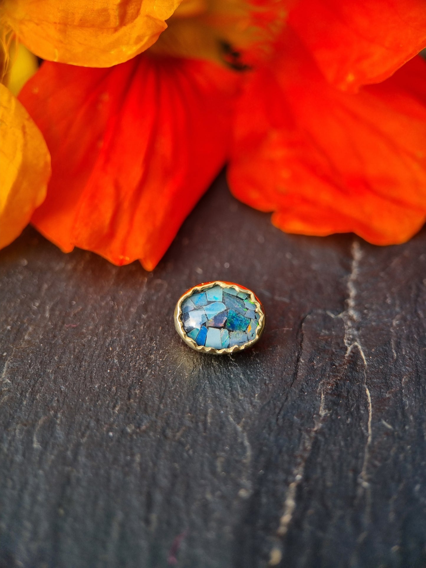 The Denim One - Mosaic opal in 18ct solid gold 14g threaded end.