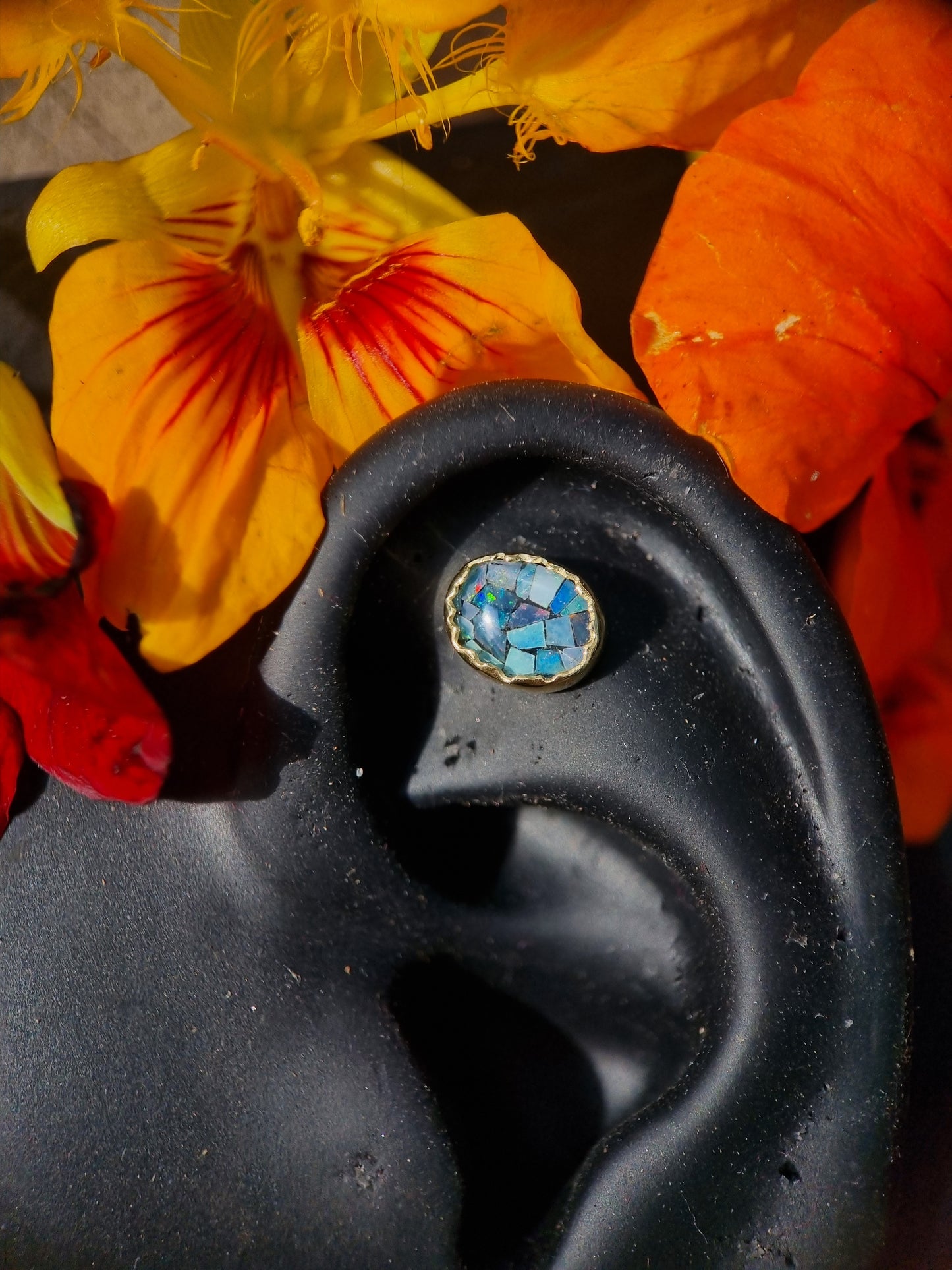 The Denim One - Mosaic opal in 18ct solid gold 14g threaded end.