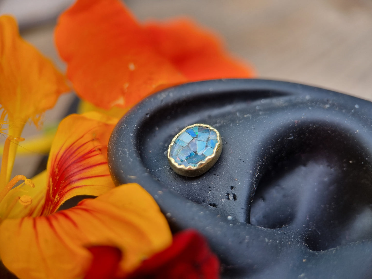 The Denim One - Mosaic opal in 18ct solid gold 14g threaded end.