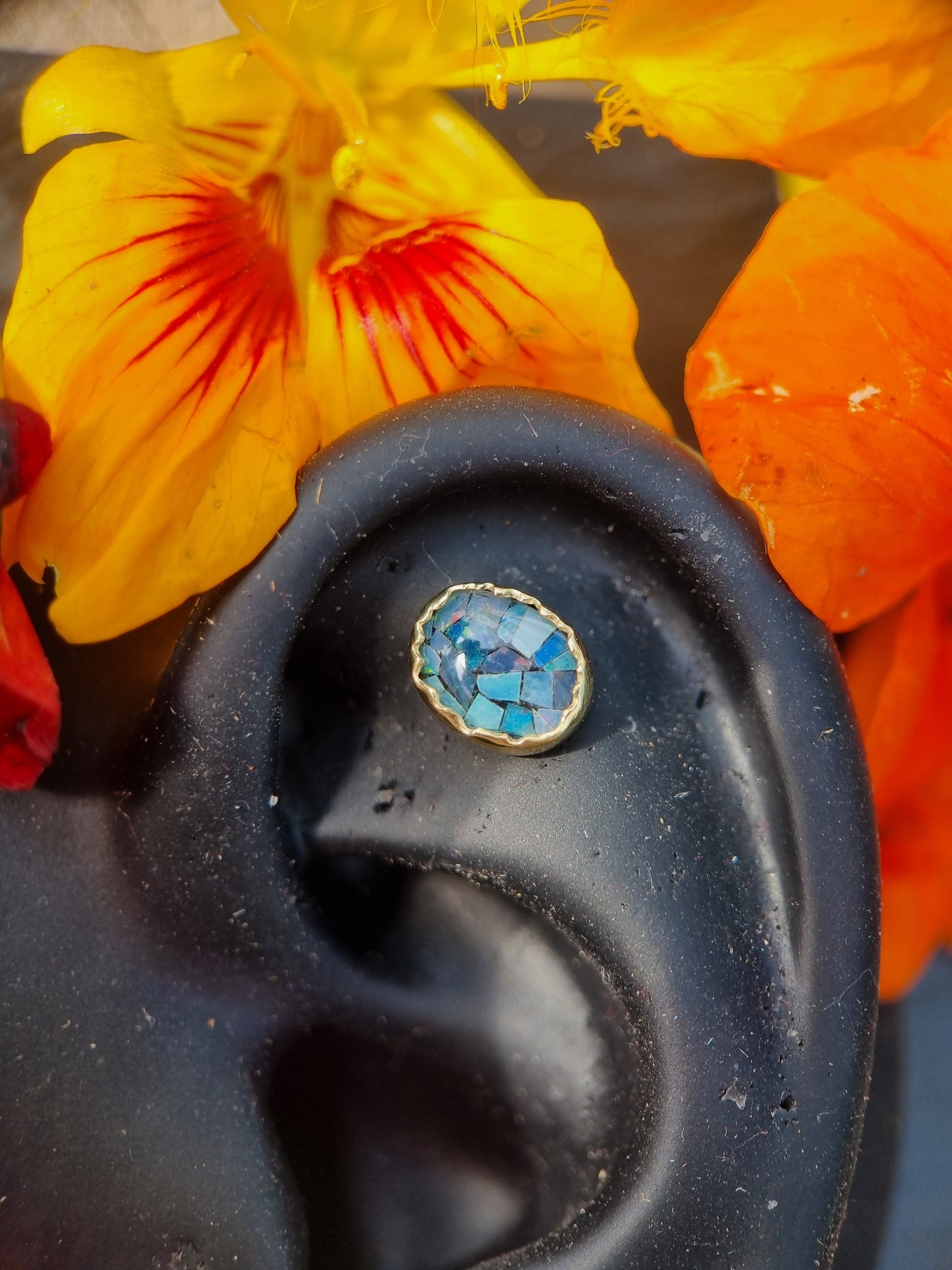 The Denim One - Mosaic opal in 18ct solid gold 14g threaded end.