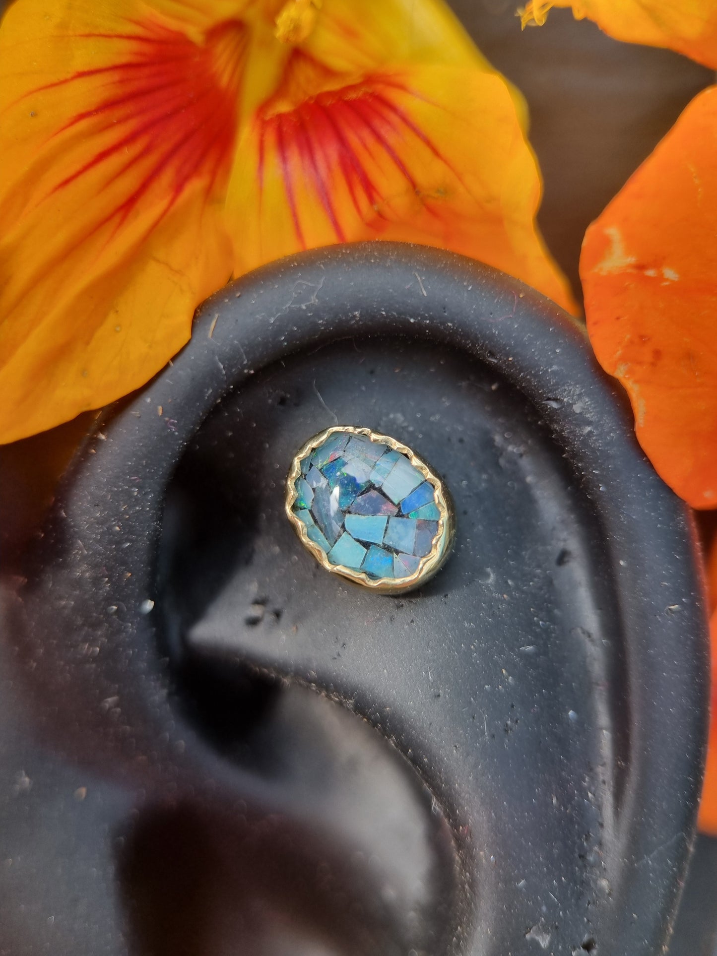 The Denim One - Mosaic opal in 18ct solid gold 14g threaded end.