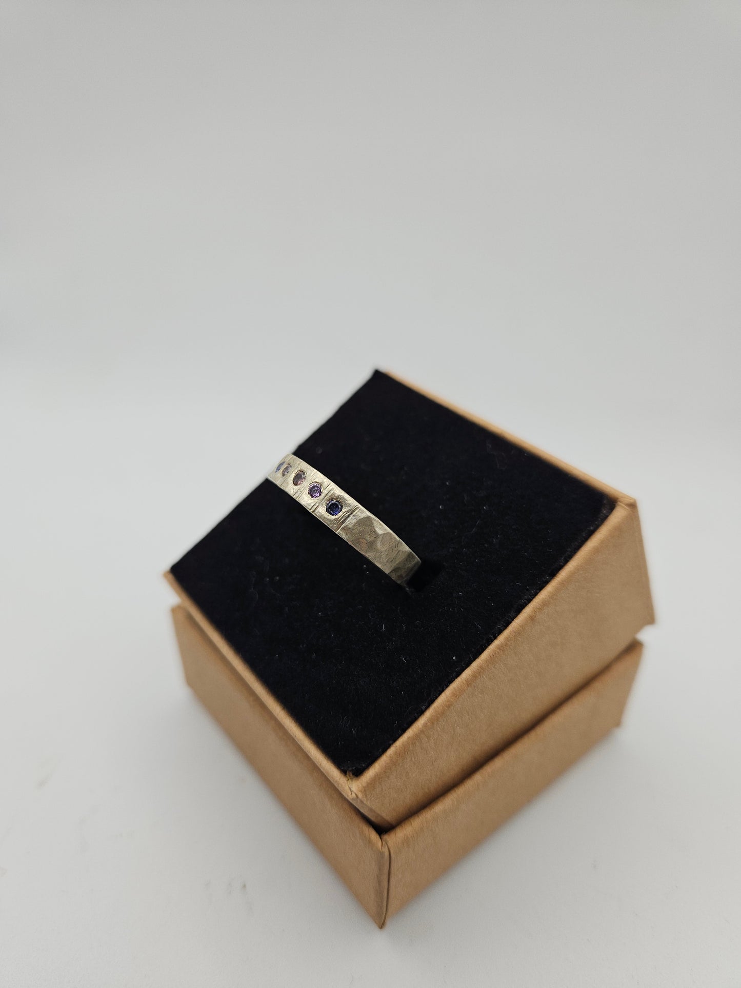 Hammered silver band with flush set CZ- Size S