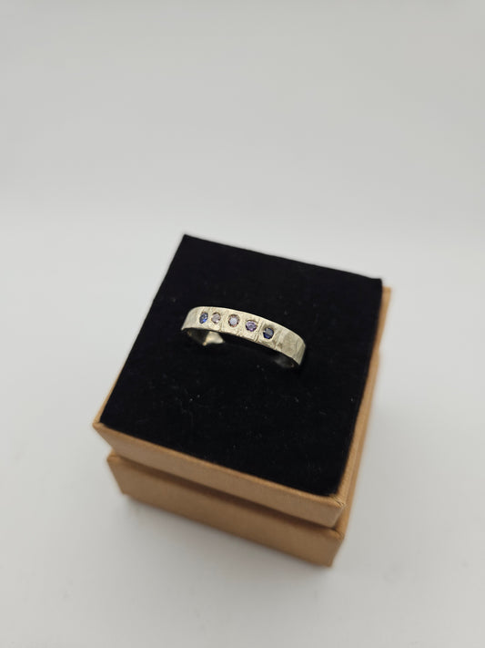 Hammered silver band with flush set CZ- Size S
