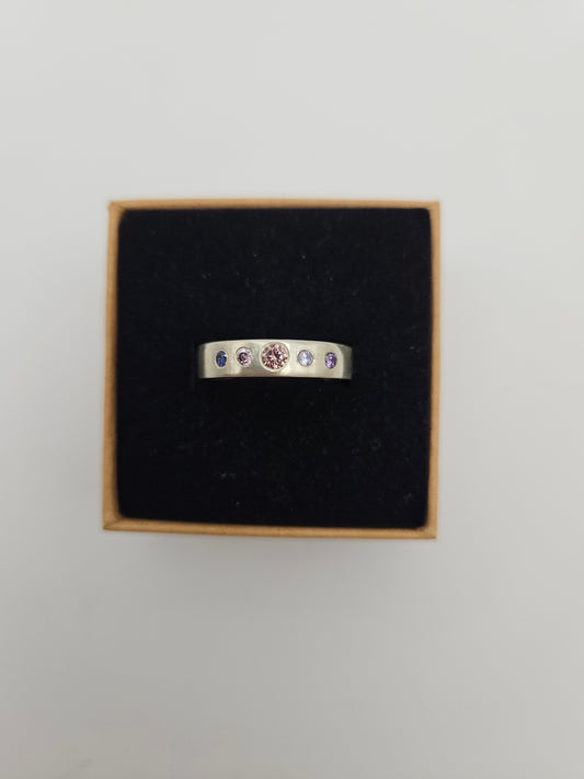Brushed silver band with 5 flush set CZ- Size O (UK)