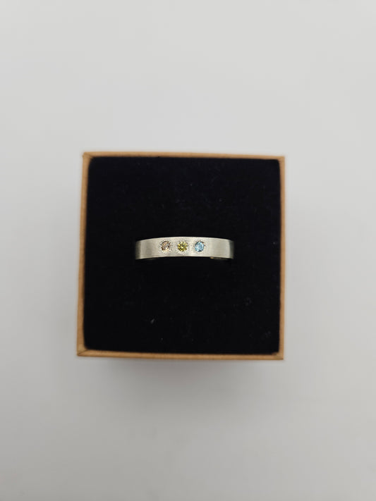 Brushed silver band with 3 flush set CZ- Size R