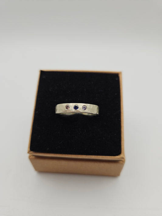 Hammered silver band with 3 flush set CZ- Size P