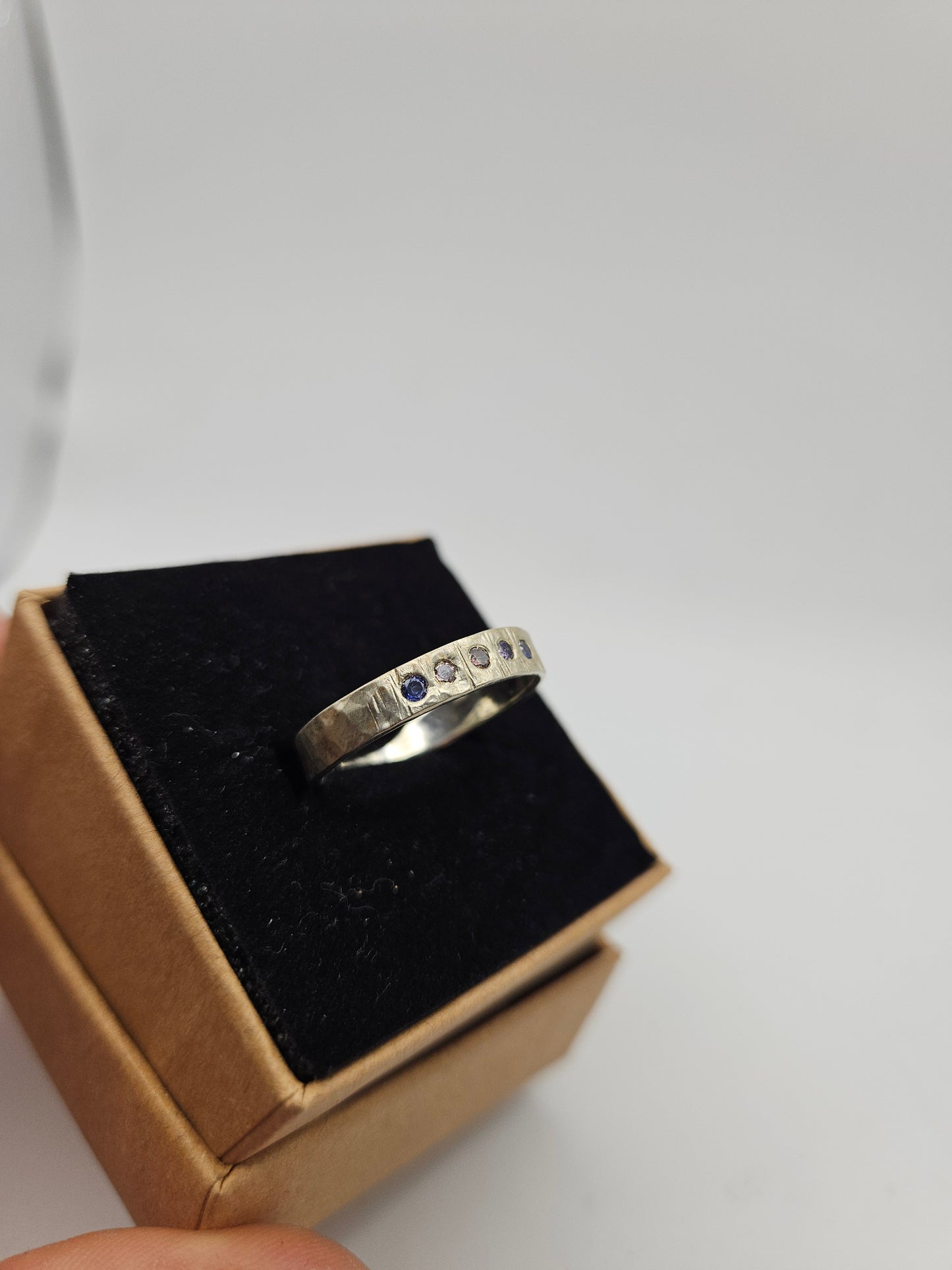 Hammered silver band with flush set CZ- Size S