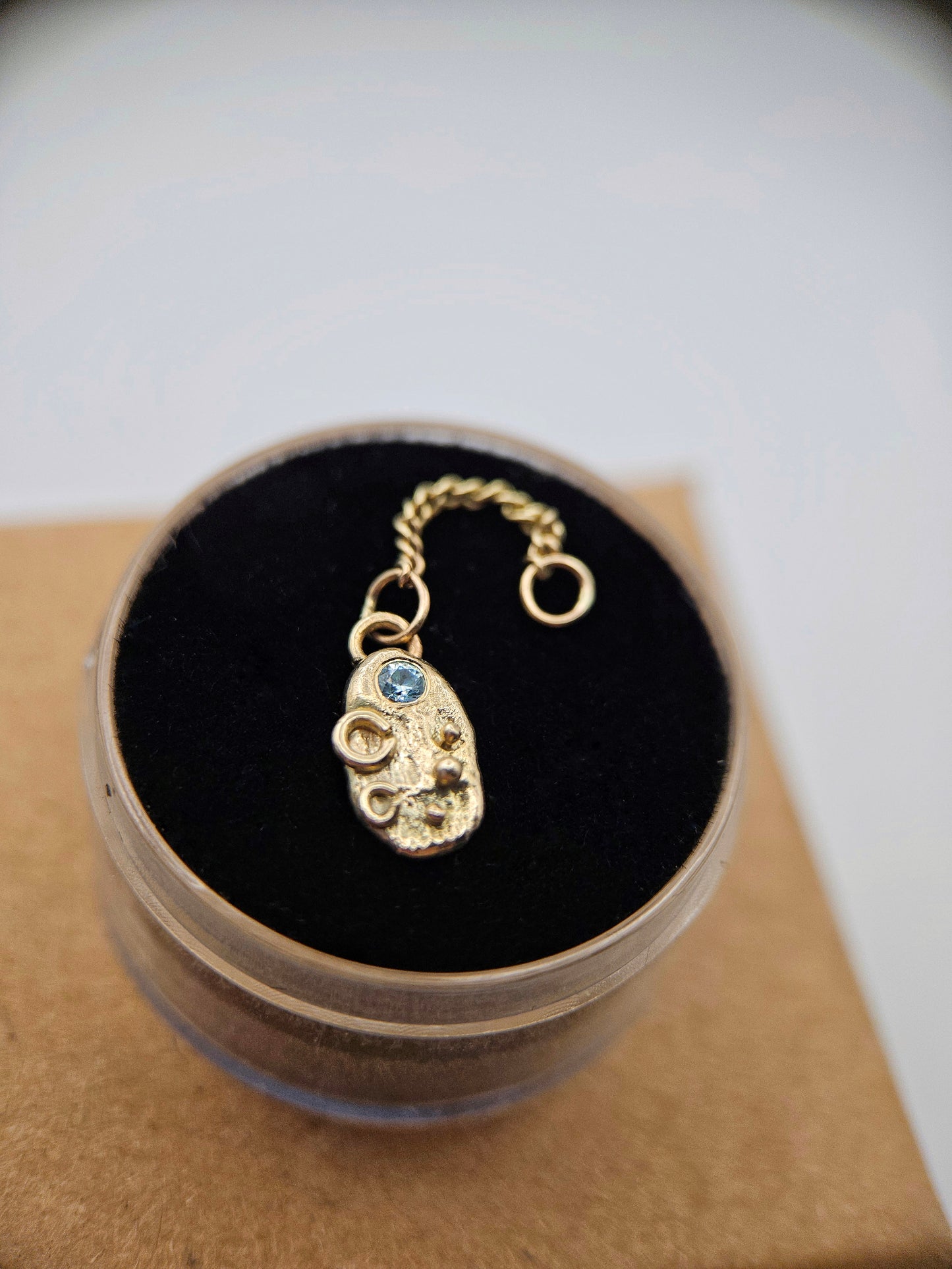 Textured totem charm- blue CZ 9ct solid gold charm